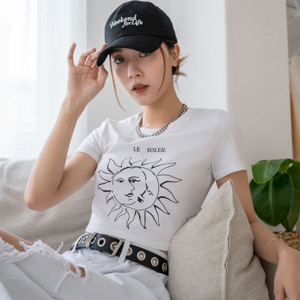

Sun & Letter Graphic Crop Tee, White