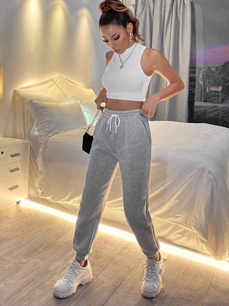 SHEIN PETITE Slant Pocket Drawstring Joggers - Grey - View 3