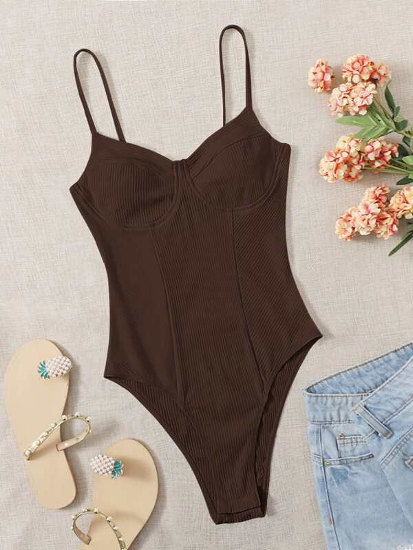 SHEIN EZwear Solid Bustier Rib-knit Bodysuit