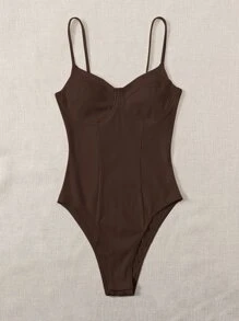 SHEIN EZwear Solid Bustier Rib-knit Bodysuit - Chocolate Brown - View 4