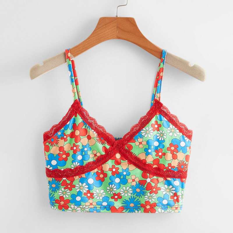 

Lace Insert Floral Graphic Crop Cami, Multicolor