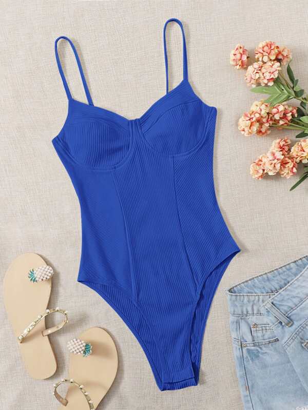 SHEIN EZwear 素色露肩羅紋針織連體衣