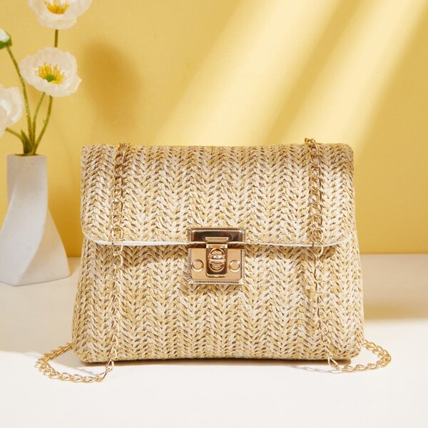 

Turn-lock Chain Straw Bag, Beige