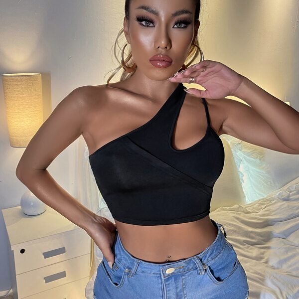 

Solid Cut Out Crop Top, Black