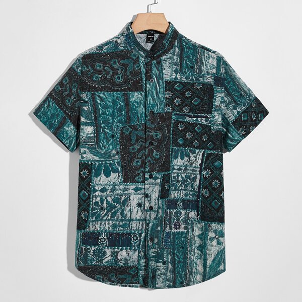 

Men Patchwork Button Up Shirt, Multicolor