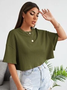 SHEIN EZwear 落肩素色羅紋針織短版T恤 - 軍綠色 - 查看 3