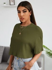 SHEIN EZwear 落肩素色羅紋針織短版T恤 - 軍綠色 - 查看 4