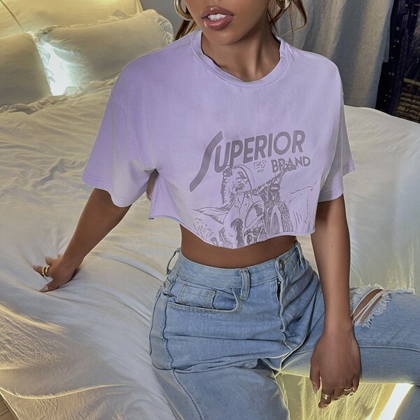 

Letter And Skull Print Drop Shoulder Crop Tee, Dusty purple