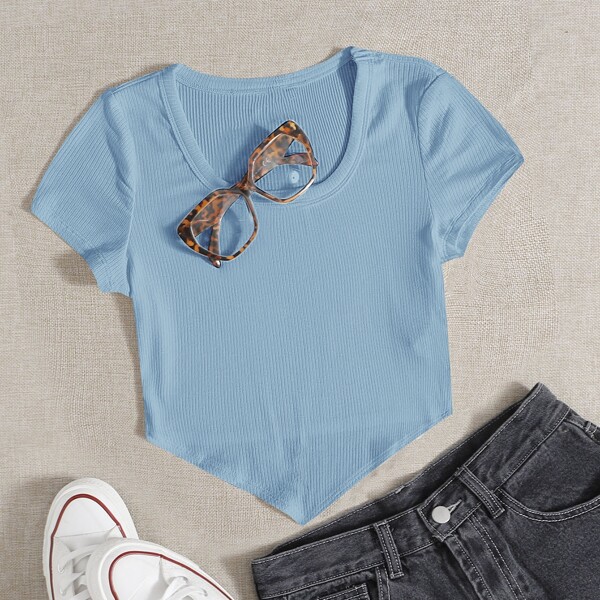 

Asymmetrical Hem Rib-knit Top, Baby blue