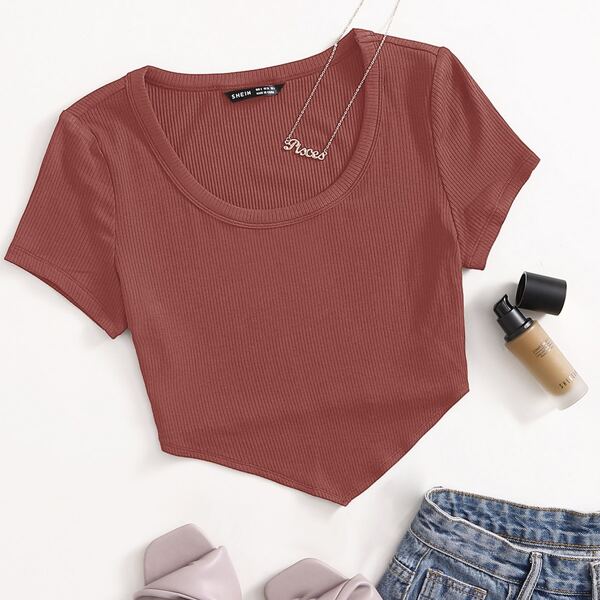 

Asymmetrical Hem Rib-knit Top, Redwood