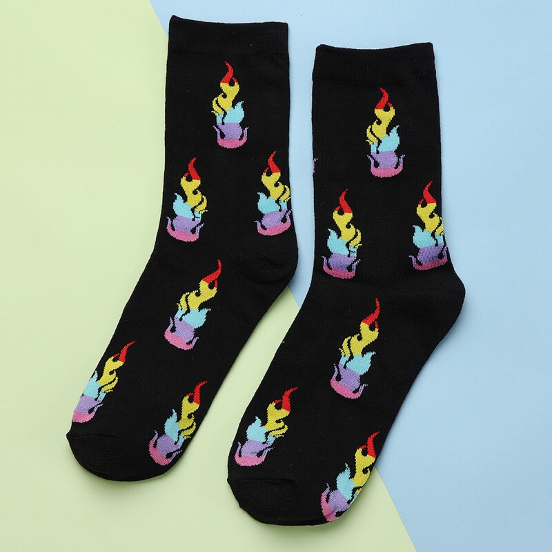 

Flame Print Crew Socks, Black