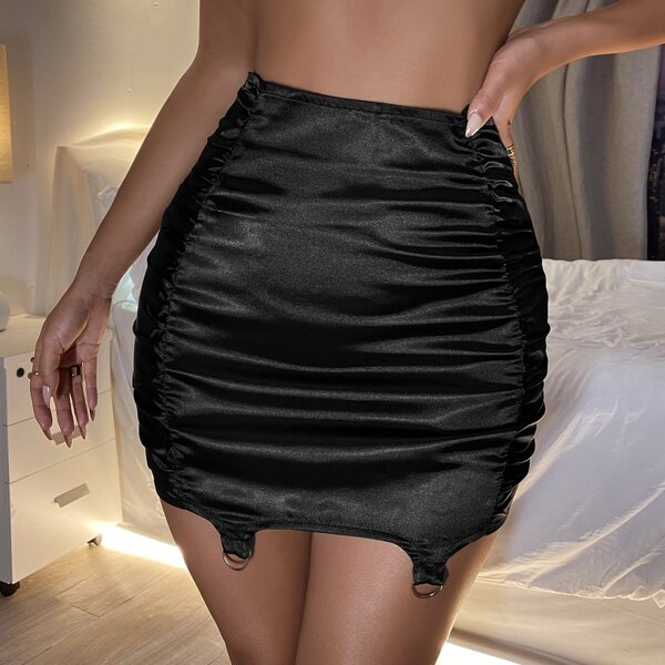 

Ruched D-ring Satin Bodycon Skirt, Black