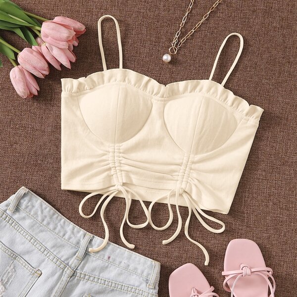 

Frill Trim Drawstring Hem Crop Cami Top, Apricot