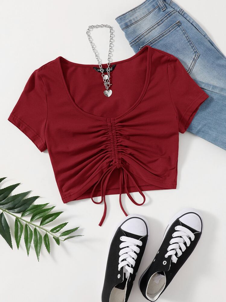 Muchica Solid Drawstring Ruched Tee - Burgundy - View 1