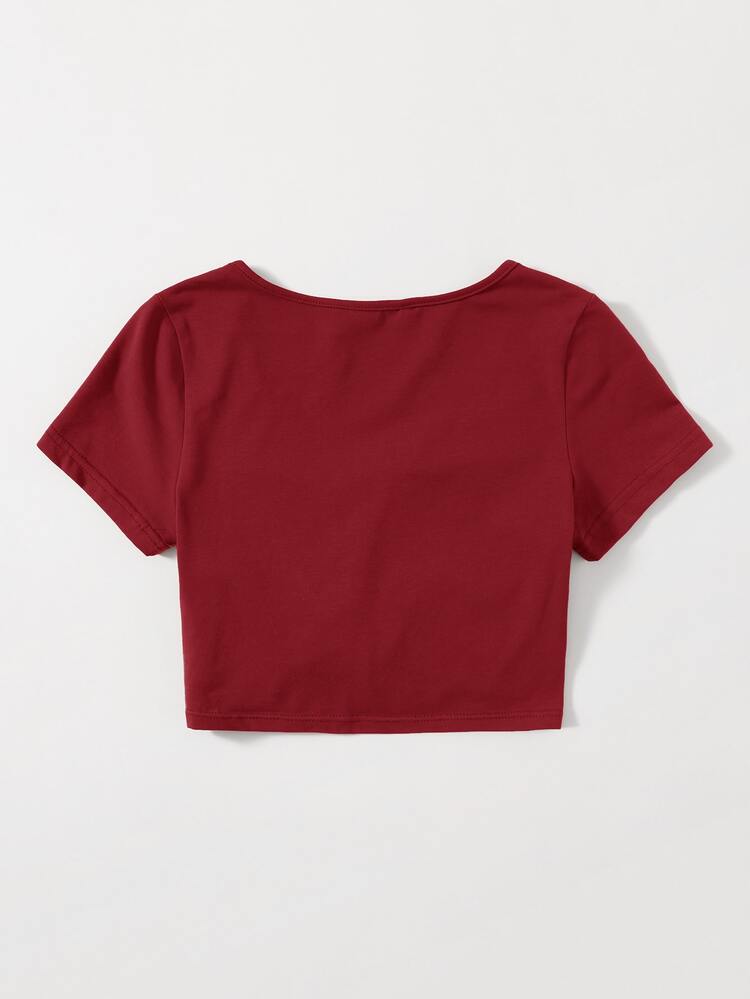 Muchica Solid Drawstring Ruched Tee - Burgundy - View 2