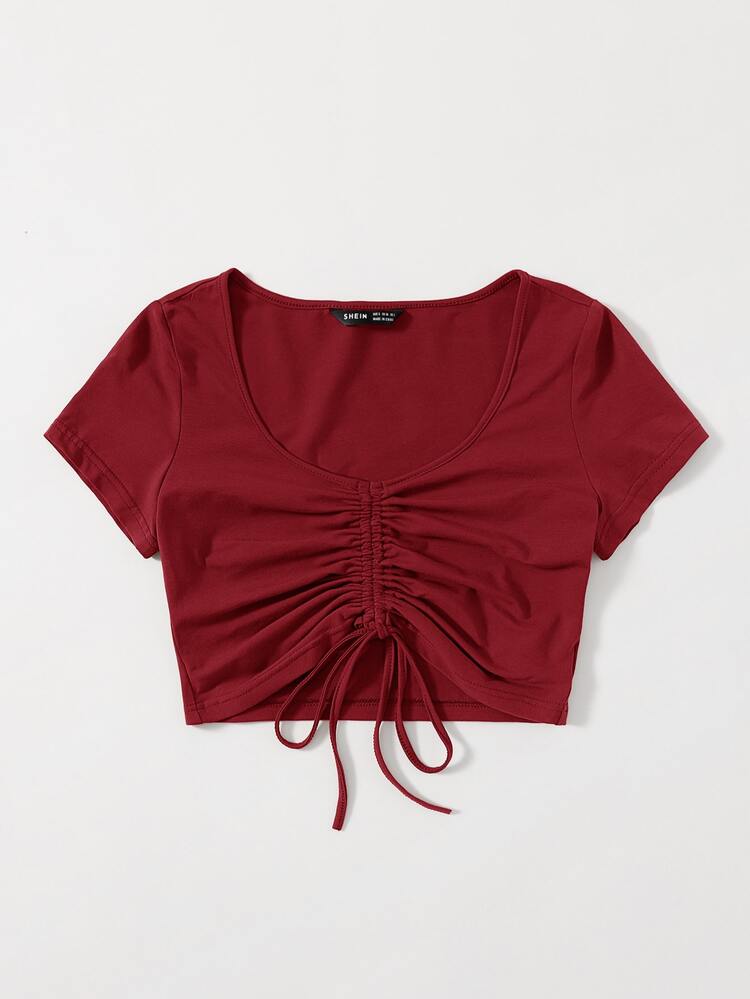 Muchica Solid Drawstring Ruched Tee - Burgundy - View 3