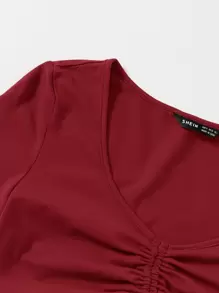 Muchica Áo thun Dây kéo Xù màu trơn Giải trí - Màu Đỏ Sâu - Xem 4
