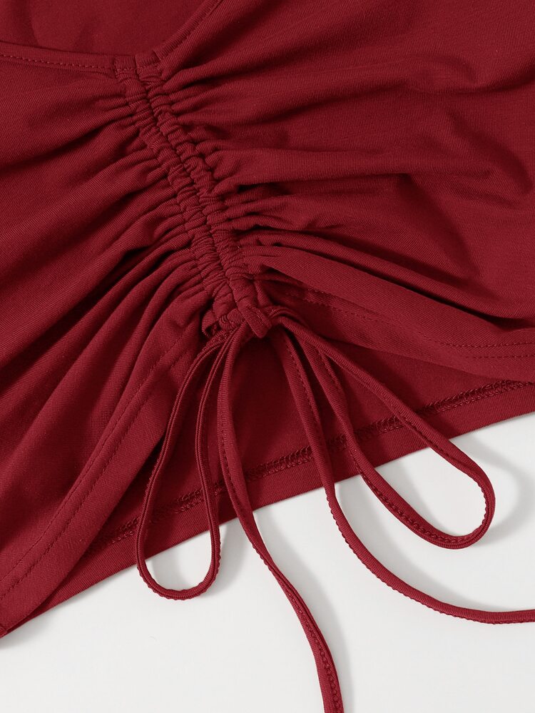 Muchica Solid Drawstring Ruched Tee - Burgundy - View 5