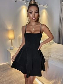 Đầm Cắt ra phân lớp màu trơn Giải trí - màu đen - Xem 5