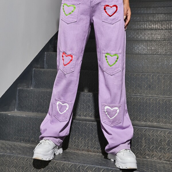 

High Waist Heart Print Pocket Patched Jeans, Lilac purple