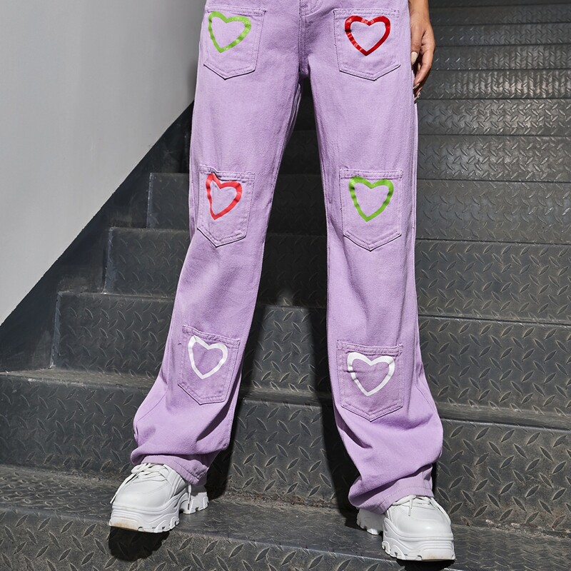 

High Waist Heart Print Pocket Patched Jeans, Lilac purple