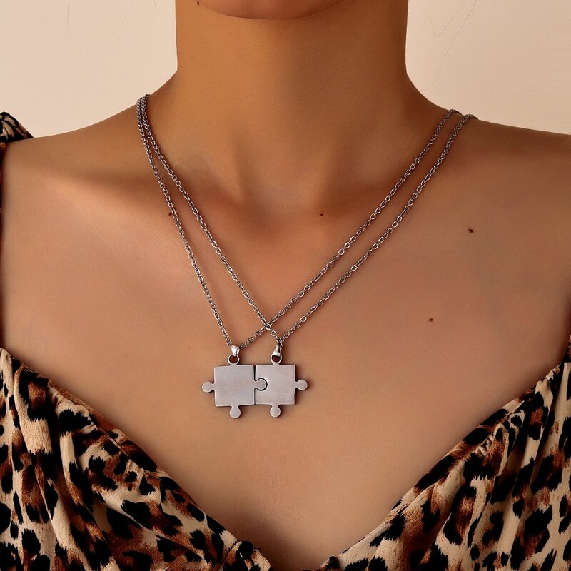 

2pcs Puzzle Pendant Necklace, Silver