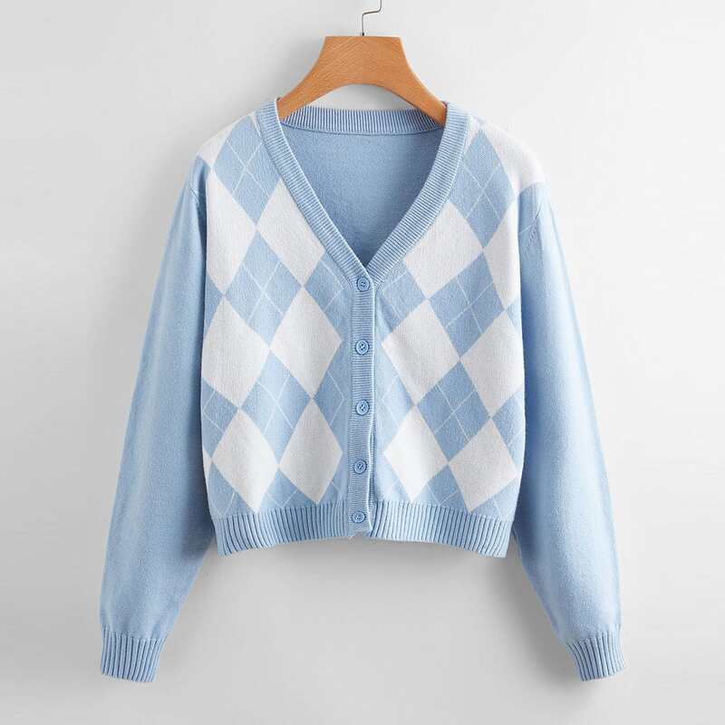 

Argyle Pattern Button Front Cardigan, Blue and white