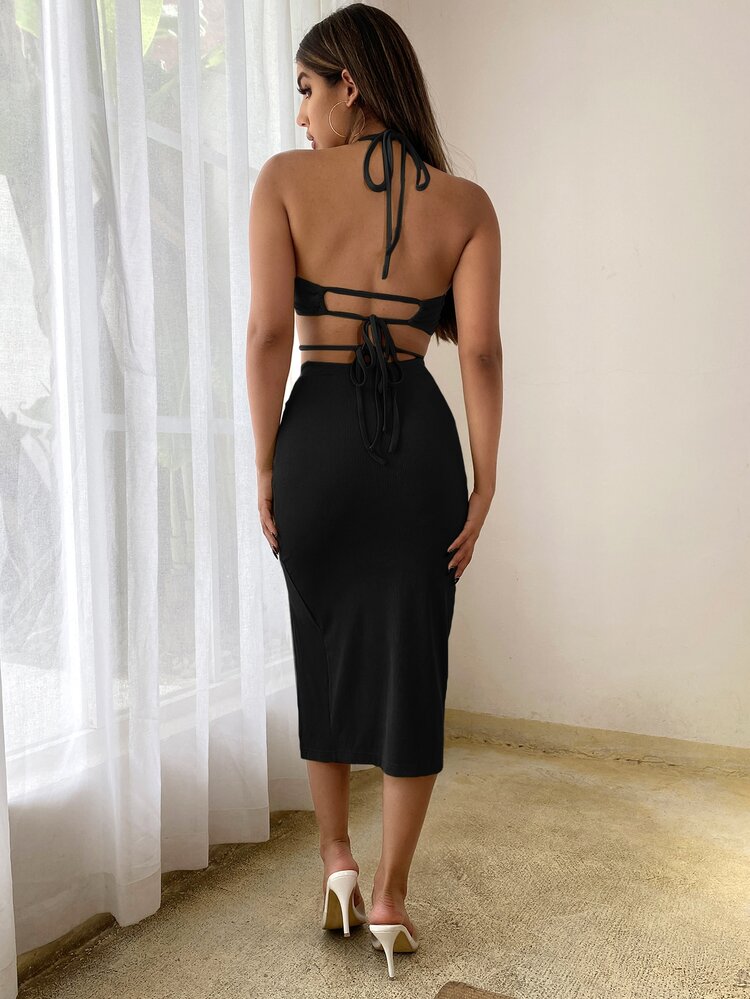 SHEIN Privé Backless Crop Halter Top With Split Thigh Skirt - Black - View 2