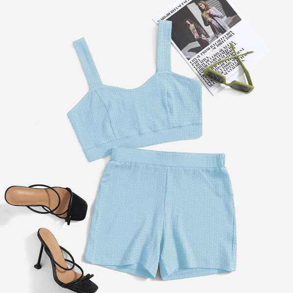 

Solid Textured Knit Crop Tank Top & Shorts, Baby blue