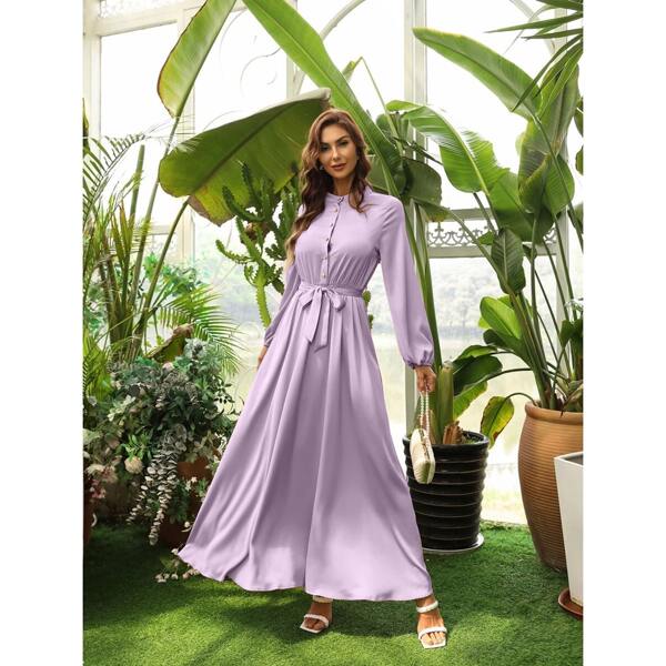

Button Front Self Tie Shirt Dress, Lilac purple