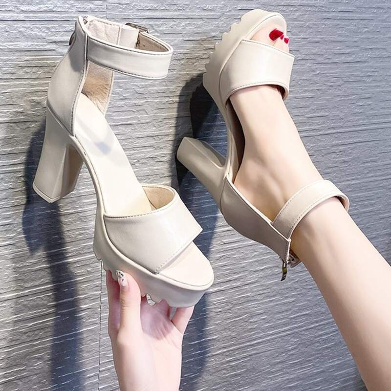 

Ankle Strap Chunky Heeled Sandals, Beige