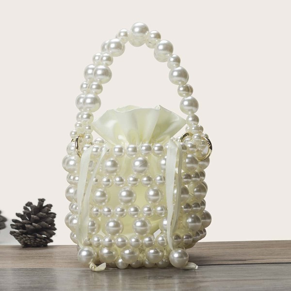 

Mini Faux Pearls Decor Bucket Bag, Beige