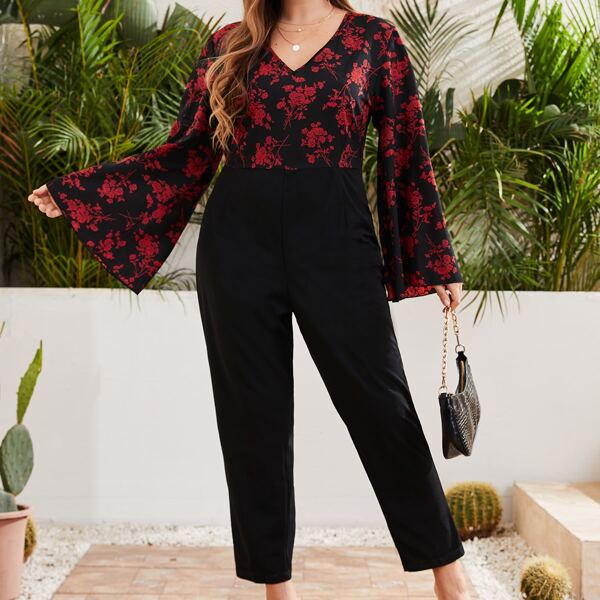

Plus Contrast Floral Print Flounce Sleeve V-neck Jumpsuit, Multicolor