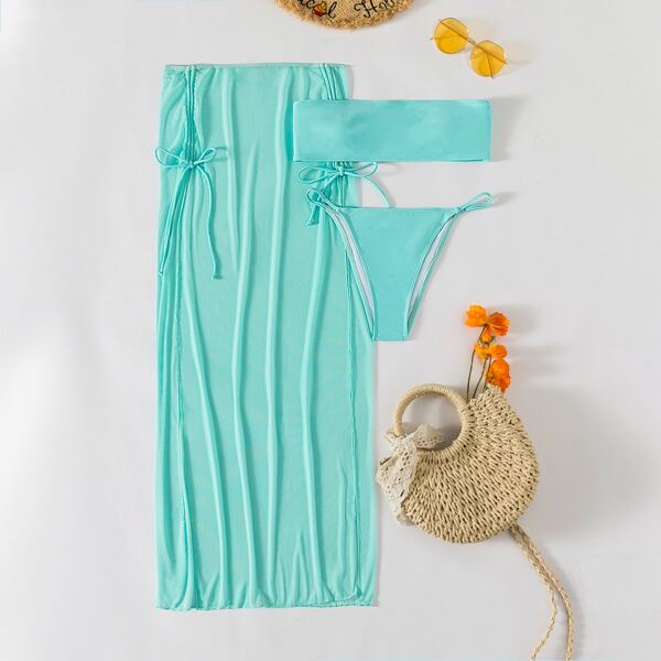 

3pack Bandeau Thong Bikini Swimsuit & Mesh Cover Up, Mint blue