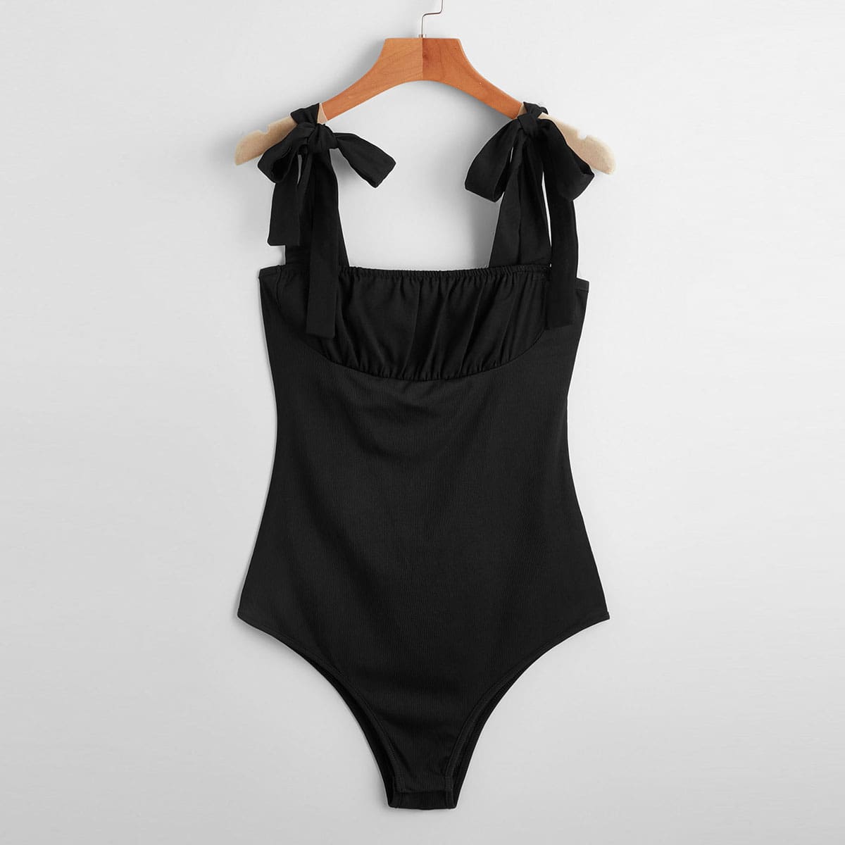 

Solid Ruched Bust Tie Shoulder Bodysuit, White