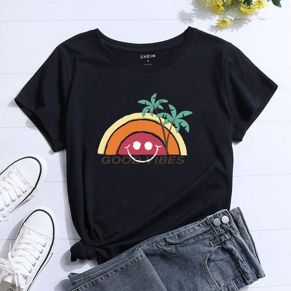 

Slogan And Cartoon Graphic Tee, Black