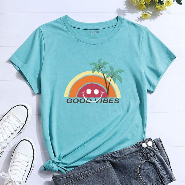

Palm Tree And Letter Graphic Print Short Sleeve Tee, Mint blue