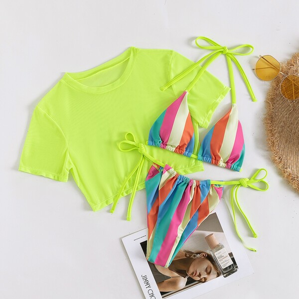 

3pack Colorful Striped Bikini Swimsuit & Cover Up, Multicolor