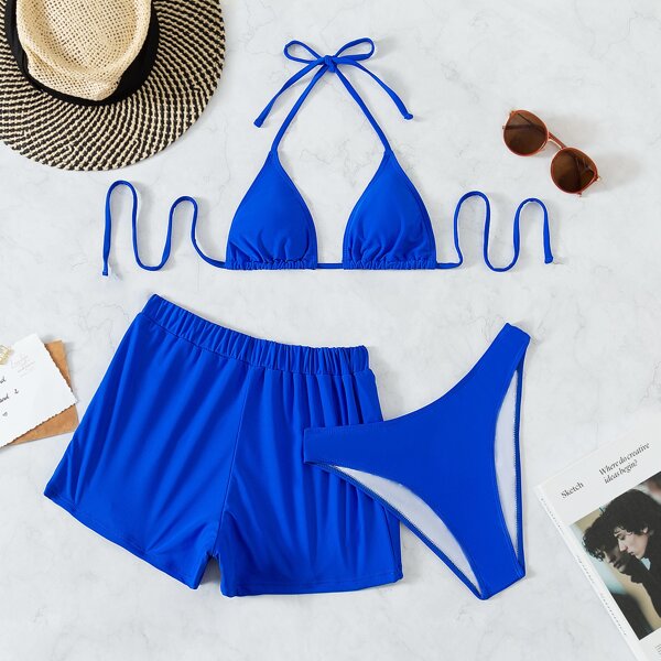 

3pack Halter Triangle Bikini Swimsuit & Swim Shorts, Royal blue