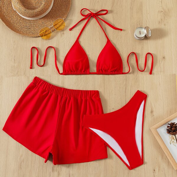 

3pack Halter Triangle Bikini Swimsuit & Swim Shorts, Red