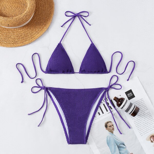 

Textured Halter Tie Side Bikini Swimsuit, Violet purple