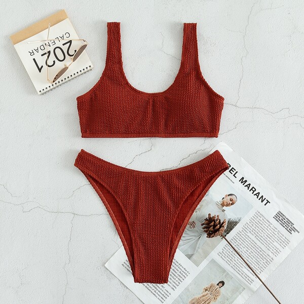 

Solid Rib Bikini Swimsuit, Rust brown