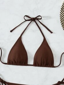 SHEIN Swim 夏日沙灘露背三角胸圍和綁帶泳裝下擺比基尼泳衣 - 巧克力棕 - 查看 3