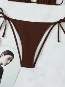 SHEIN Swim 夏日沙灘露背三角胸圍和綁帶泳裝下擺比基尼泳衣 - 巧克力棕 - 查看 5