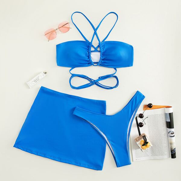 

3pack Criss Cross Halter Bikini Swimsuit & Beach Skirt, Royal blue
