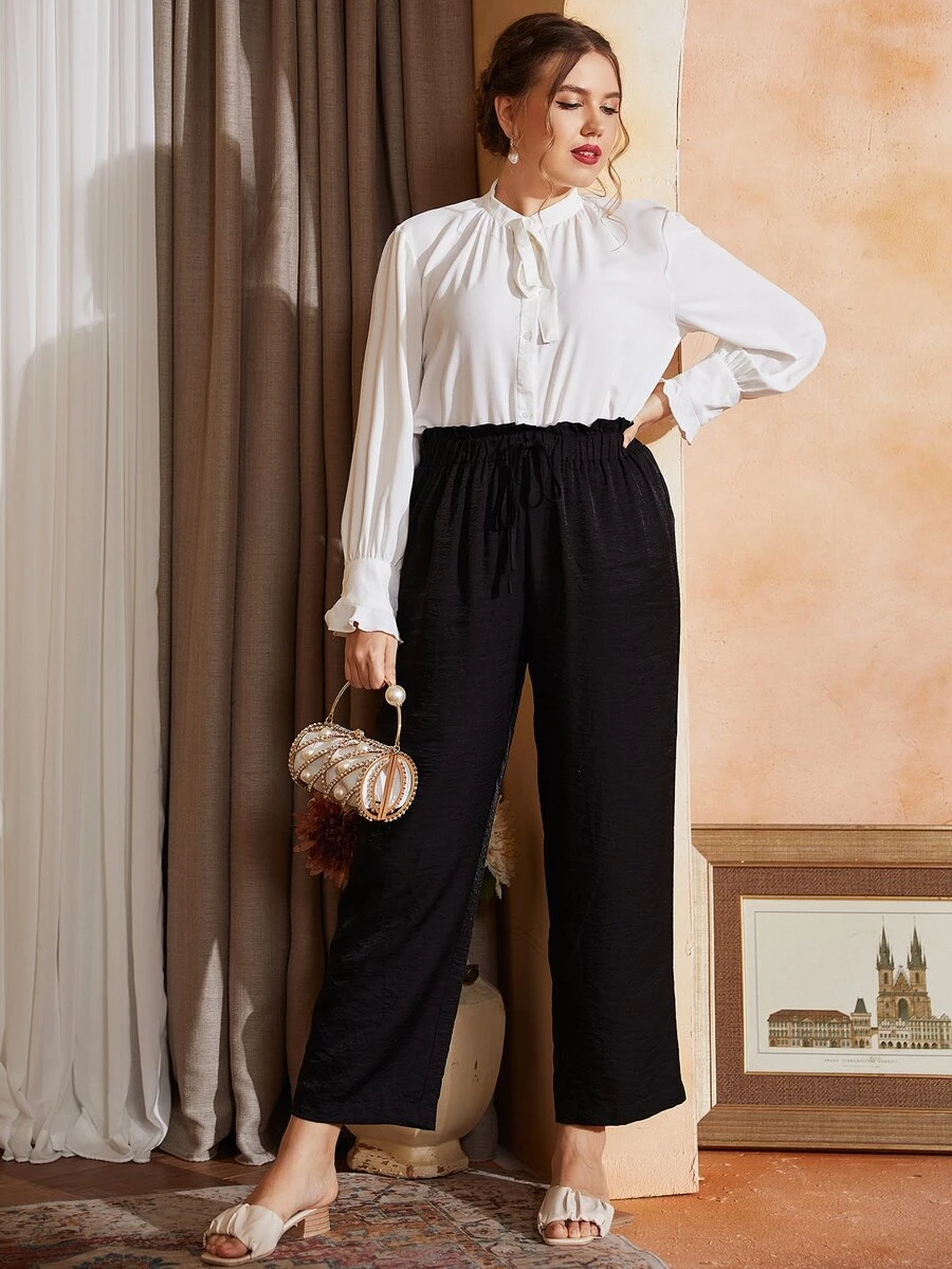 Plus Paperbag Waist Wide Leg Trousers - Black - View 1
