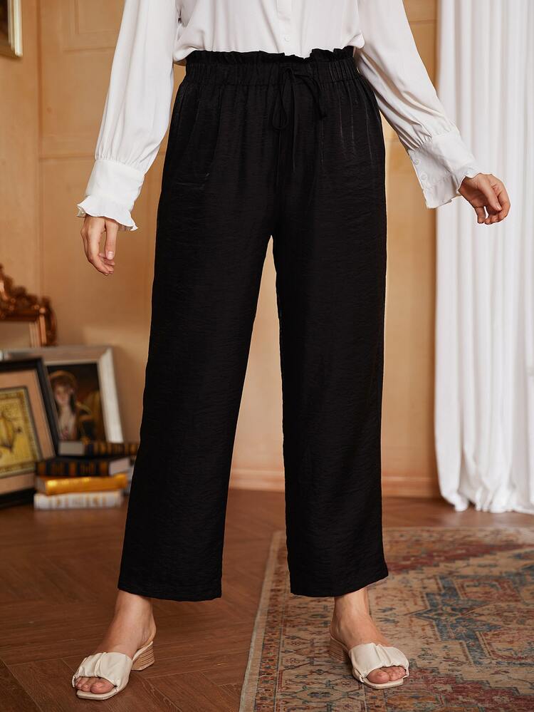 Plus Paperbag Waist Wide Leg Pants - Black - View 3