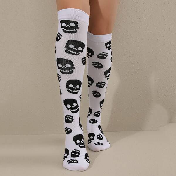 

Skull Print Over The Calf Socks, White