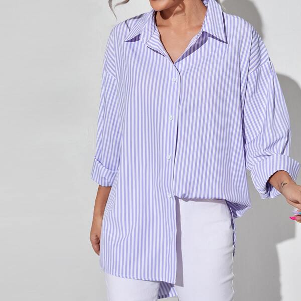

Striped Buttoned Blouse, Violet purple