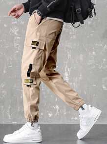 Manfinity Hypemode 男裝字母圖形翻蓋口貨物褲 - 卡其色 - 查看 1